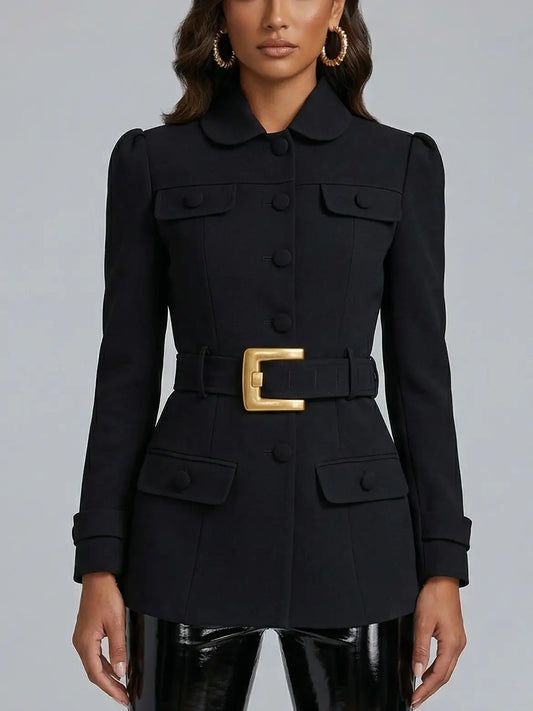 Black Belted Tailored Blazer with Gold Buckle - Small - Jackets