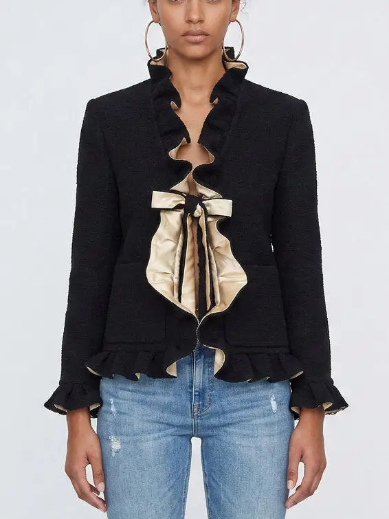 Black Boucle Tweed Ruffle Jacket with Contrast Lining - Small - Jackets