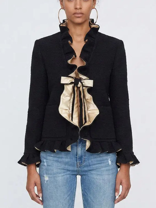Black Boucle Tweed Ruffle Jacket with Contrast Lining - Small - Jackets