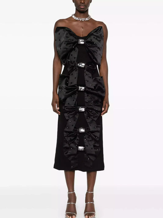 Black Bow-Embellished Strapless Midi Dress - Small - Dresses