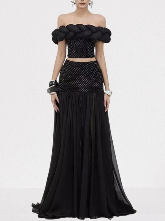 Black Braided Top and Skirt Set with Rhinestones - S - Suits & Sets