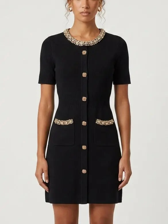 Black Buttoned Embellished Knit Mini Dress - Dresses