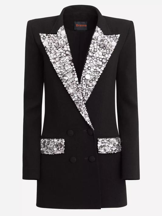 Black Cady Blazer-Mini Dress with Crystal-Embellished Collar and Pockets - Branna Couture