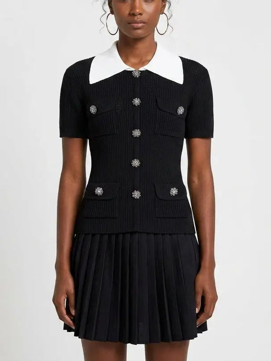 Black Contrast-Collar Knit Top and Pleated Mini Skirt Set - Small - Suits & Sets