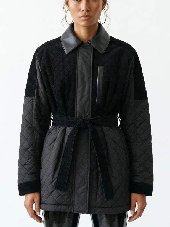 Black Corduroy Quilted Jacket with Leather Trim - Small - Jackets