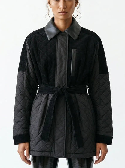 Black Corduroy Quilted Jacket with Leather Trim - Small - Jackets
