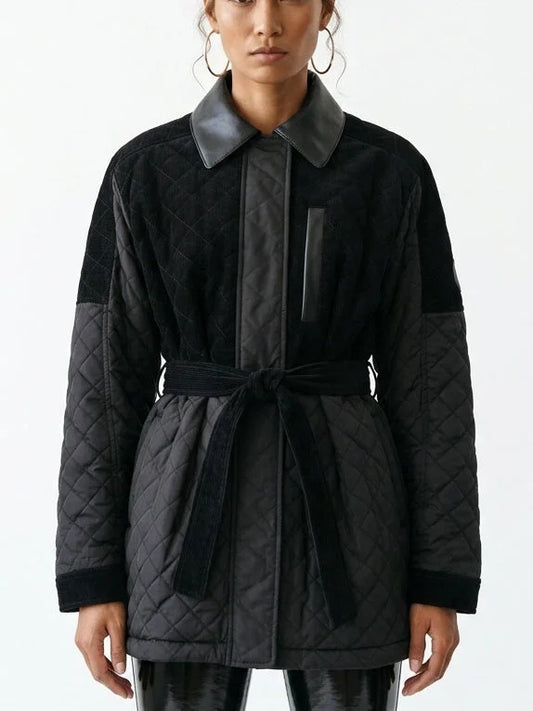 Black Corduroy Quilted Jacket with Leather Trim - Small - Jackets