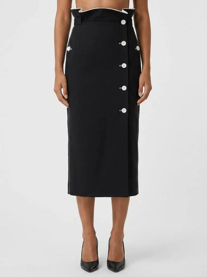 Black Cotton Midi Skirt with White Contrast Details - Small - Skirts