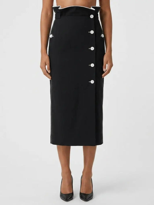 Black Cotton Midi Skirt with White Contrast Details - Small - Skirts