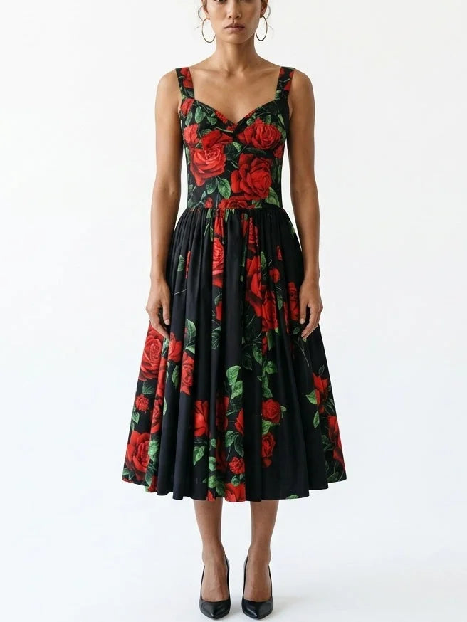 Black Cotton Rose Print Fit and Flare Midi Dress - S - Dresses