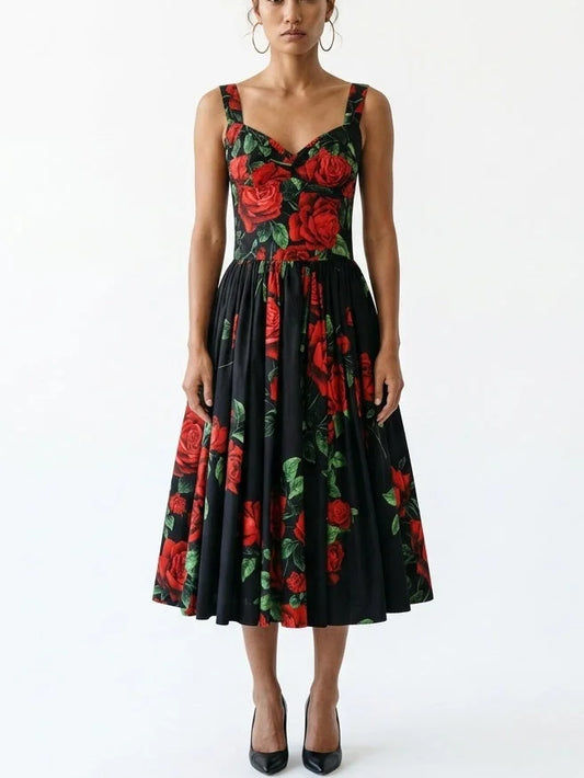 Black Cotton Rose Print Fit and Flare Midi Dress - S - Dresses