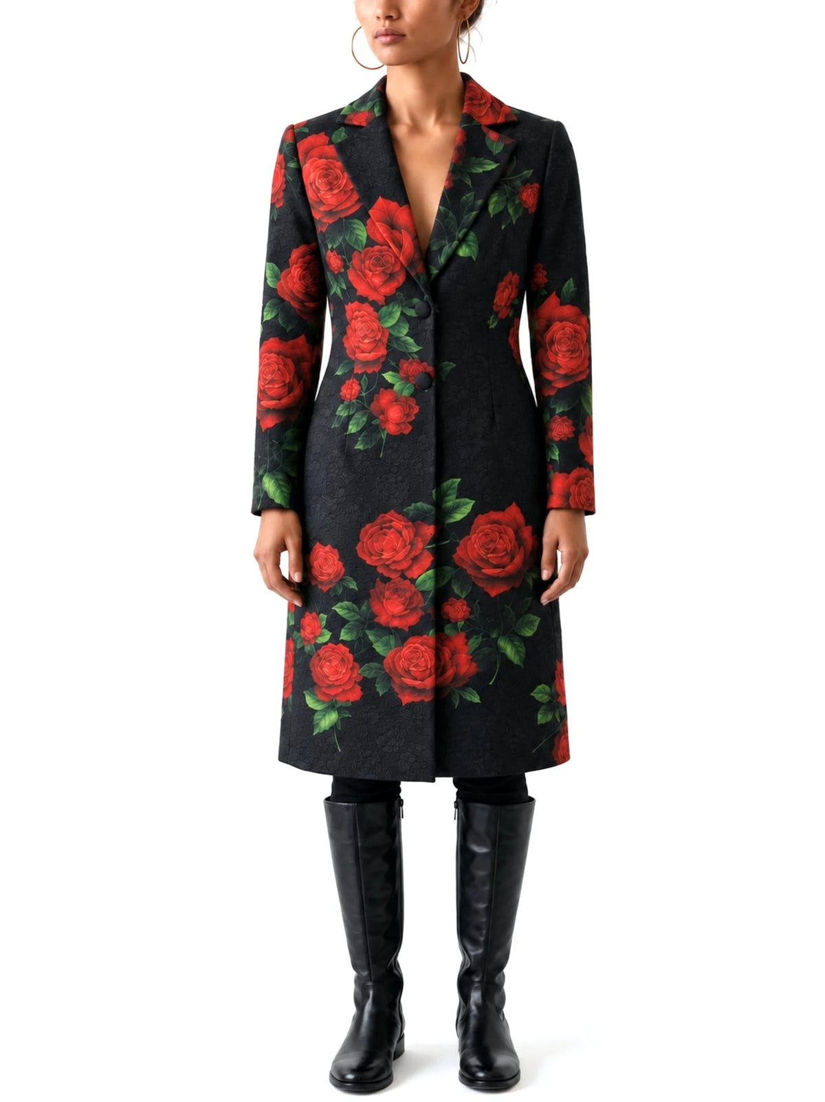 Black Cotton Trench Coat with Red Rose Print - S - Coats