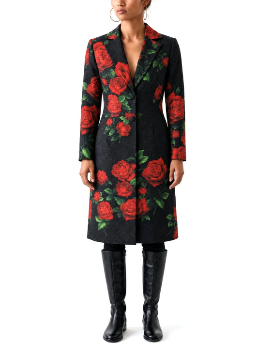 Black Cotton Trench Coat with Red Rose Print - S - Coats