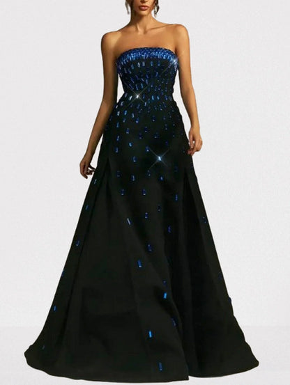 Black Crepe Strapless Evening Gown with Blue Crystals - S - Dresses