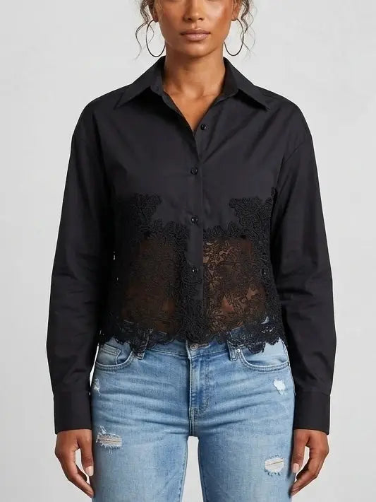 Black Cropped Cotton Shirt with Lace Embroidery - Small - Tops