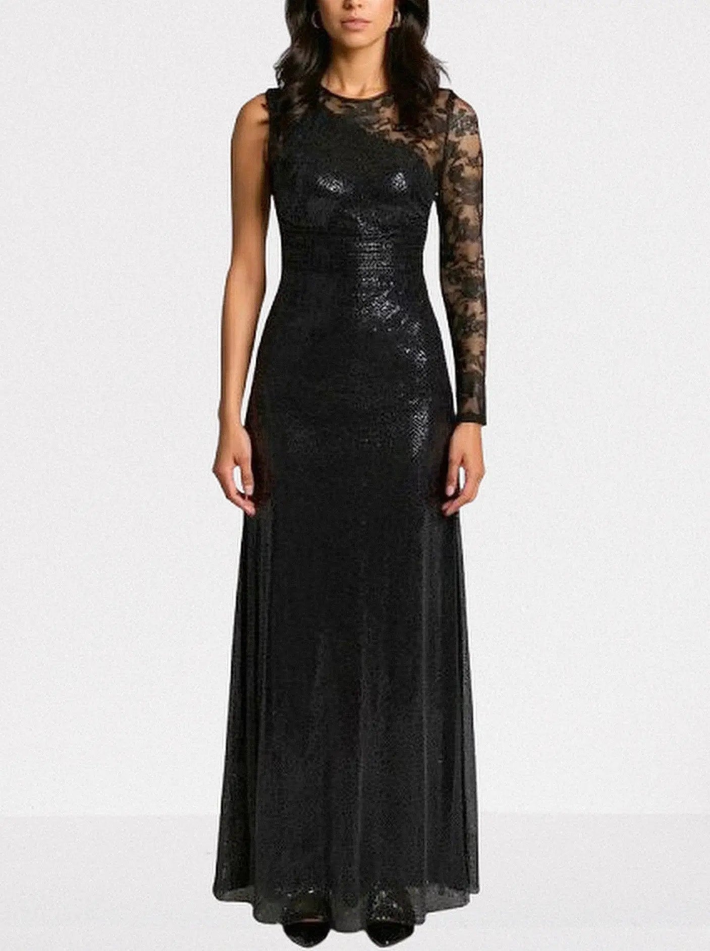 Black Crystal-Embellished Lace-Sleeve Maxi Dress - XS - Dresses