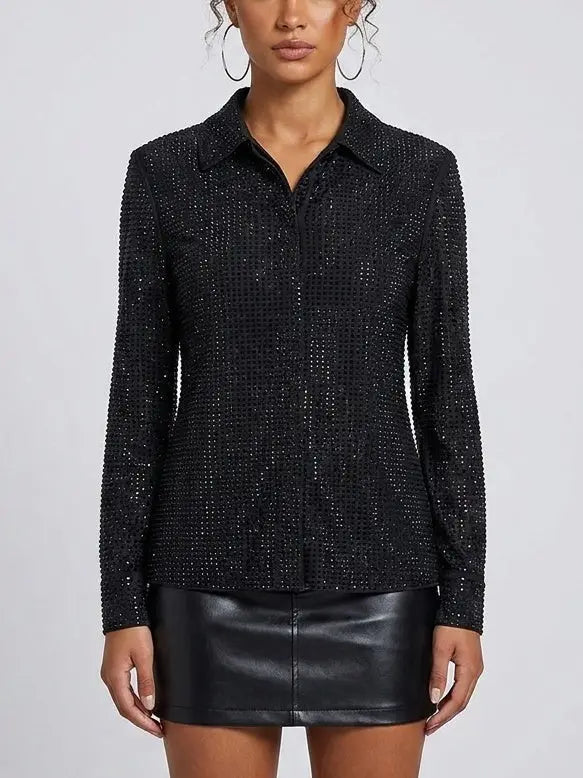 Black Crystal Embellished Mesh Shirt - S - Tops