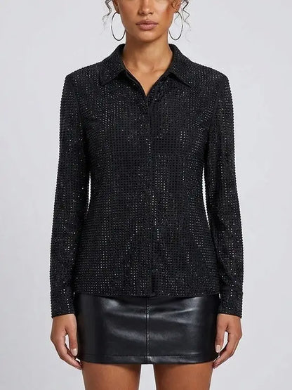 Black Crystal Embellished Mesh Shirt - S - Tops