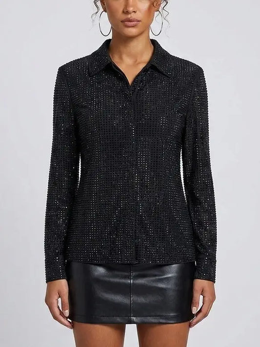 Black Crystal Embellished Mesh Shirt - S - Tops