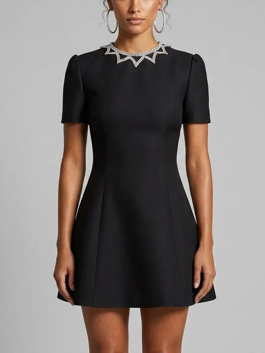 Black Crystal Neckline Fit and Flare Mini Dress - Small - Dresses