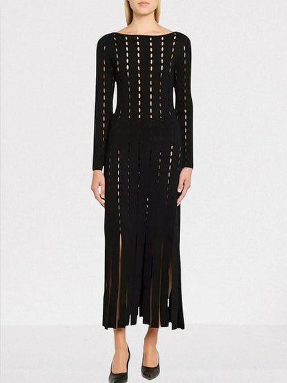 Black Cut-Out Long-Sleeve Knit Maxi Dress - S - Dresses