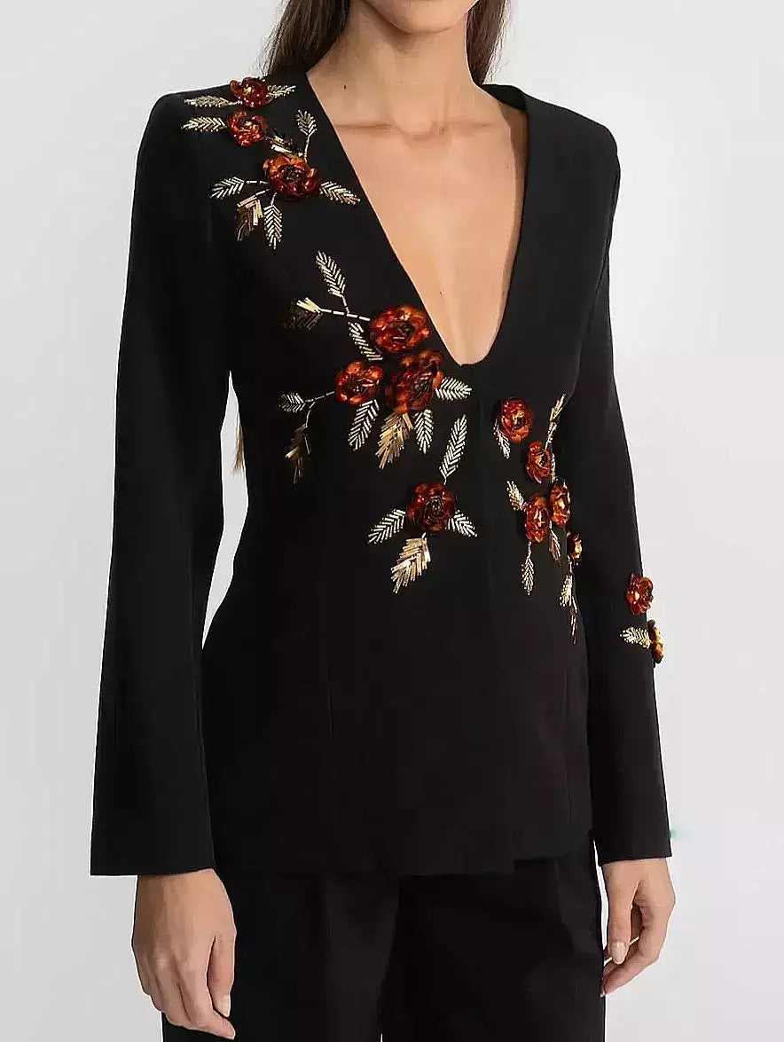 Black Deep V Embellished Floral Blazer Top - Small - Jackets