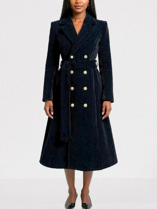Black Quilted Velvet Coat with Gold Buttons - S - Coats