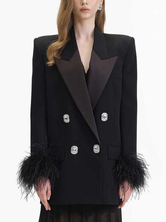 Black Double-Breasted Blazer with Feather-Trim Cuffs - Small - Jackets
