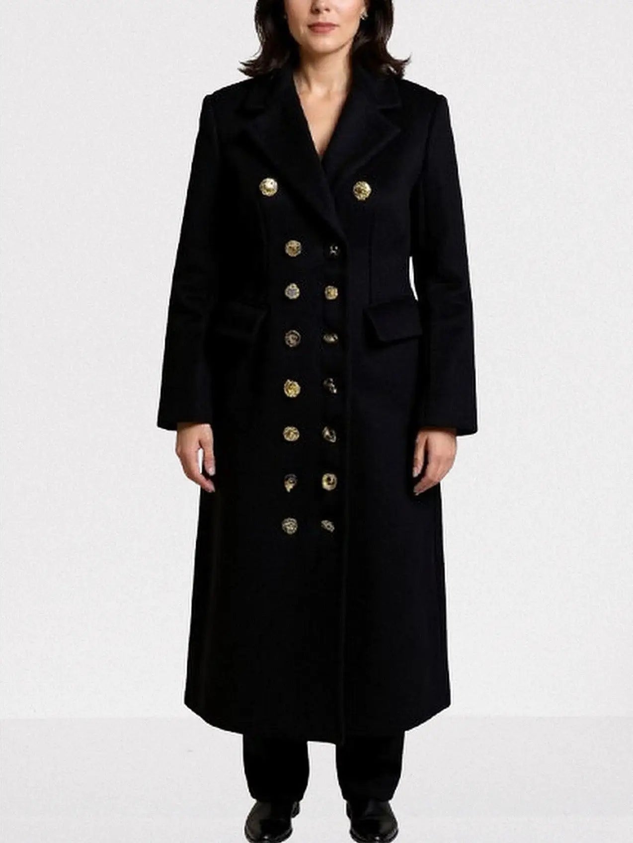 Black Double-Breasted Coat with Decorative Buttons - Small - Coats