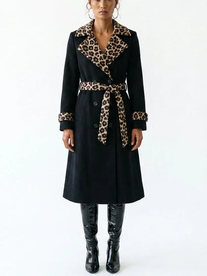 Black Double-Breasted Leopard Trim Trench Coat - Small - Coats