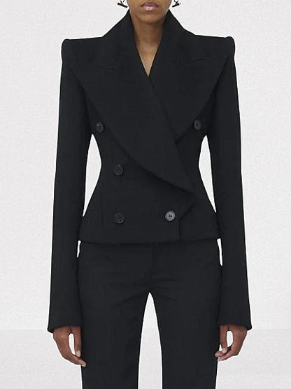Black Double-Breasted Sculptured-Shoulder Jacket - S - Jackets