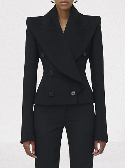 Black Double-Breasted Sculptured-Shoulder Jacket - S - Jackets