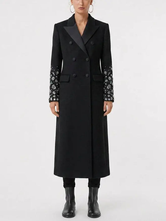 Black Double Breasted Embellished Sleeve Cashmere Coat - Small - Coats