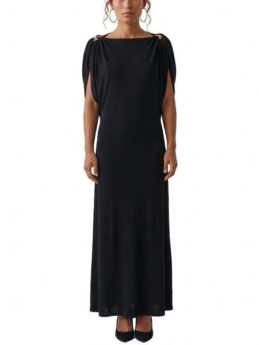 Black Draped Maxi Dress with Gold Shoulder Hardware - Small - Dresses