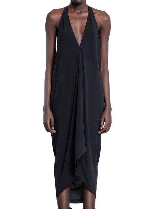 Black Draped V-Neck Sleeveless Midi Dress