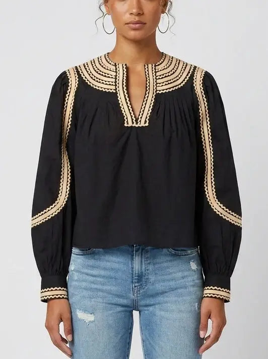 Black Embroidered Cotton Blouse with Contrast Trim - Small - Tops
