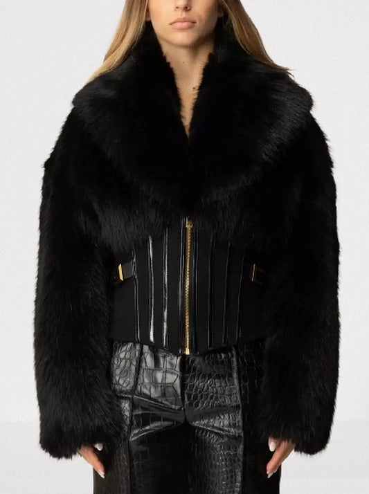 Black Faux-Fur Jacket with Corset Waist - Small - Jackets