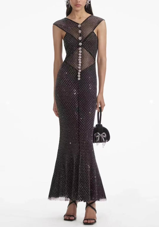 Women’s Black Fishnet Sleeveless Gown with Crystal Embellishments Branna Couture