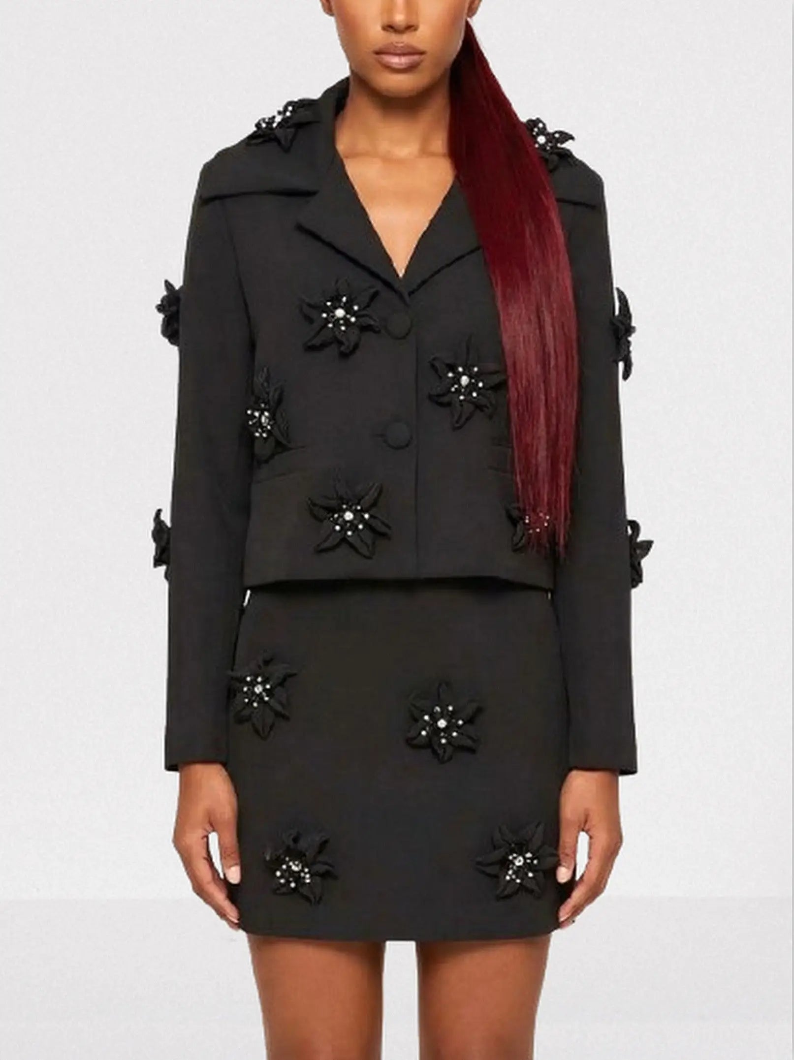 Black Floral-Embellished Blazer and Skirt Set - S - Suits & Sets