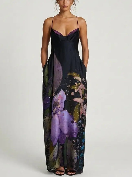 Black Floral Print Strappy Open Back Maxi Dress - Small - Dresses