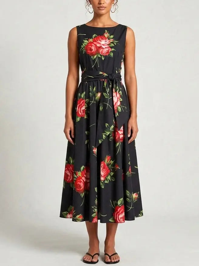 Black Floral Sleeveless Flared Midi Dress - S - Dresses