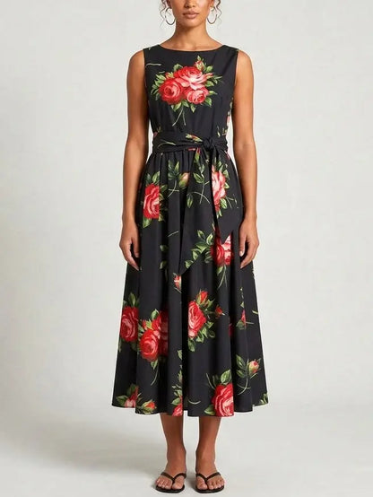 Black Floral Sleeveless Flared Midi Dress - S - Dresses