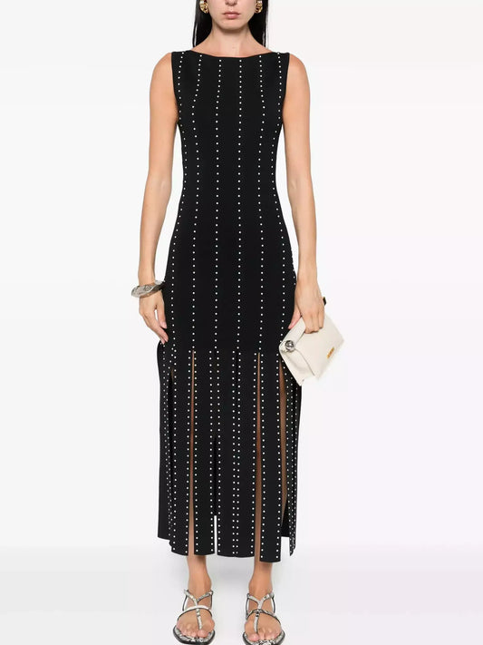 Black Fringed Knit Studded Maxi Dress - Small - Dresses