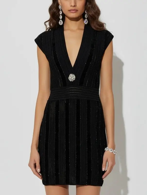 Black Glitter Knit Deep V-Neck Mini Dress - Small - Dresses