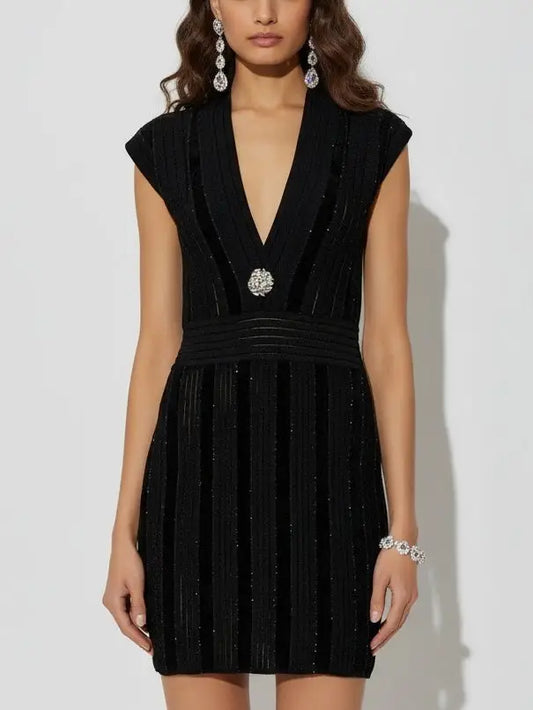 Black Glitter Knit Deep V-Neck Mini Dress - Small - Dresses