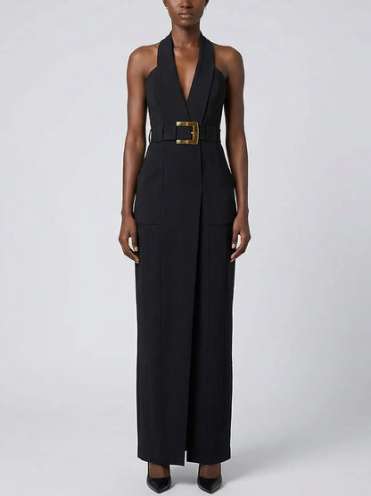 Black Halter Belted Maxi Dress - S - Dresses