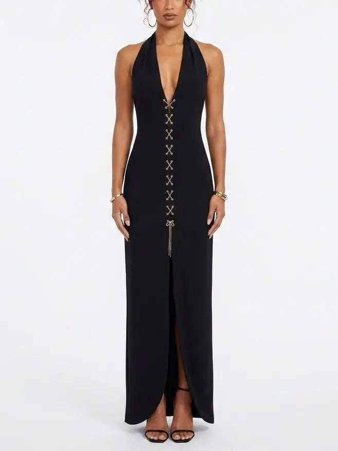 Black Halter Neck Lace Up Maxi Dress - Small - Dresses