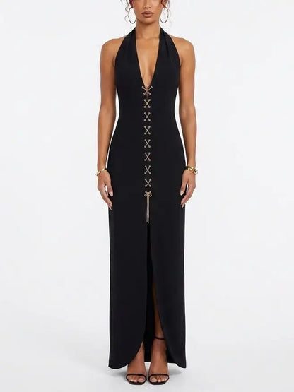 Black Halter Neck Lace Up Maxi Dress - Small - Dresses