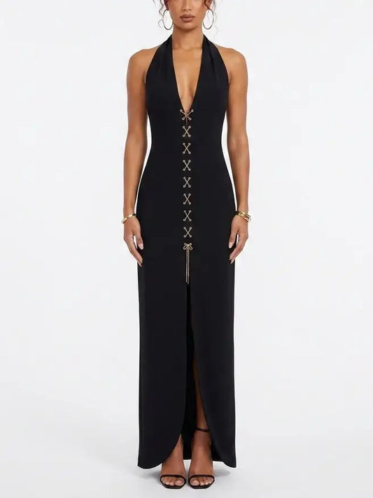 Black Halter Neck Lace Up Maxi Dress - Small - Dresses