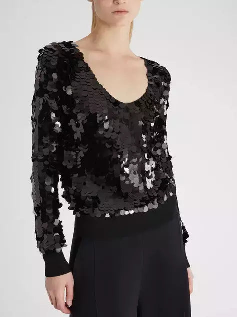 Black Heavily-Sequined Plunge-Neck Top with Ribbed Knit Trim Branna Couture